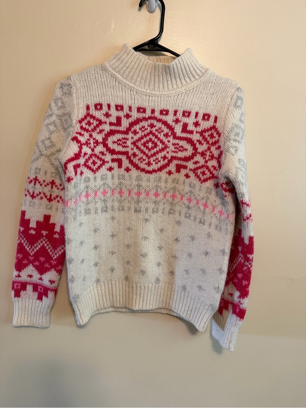 Women's white Fair Isle Mock Neck Sweater with Pink Accents
